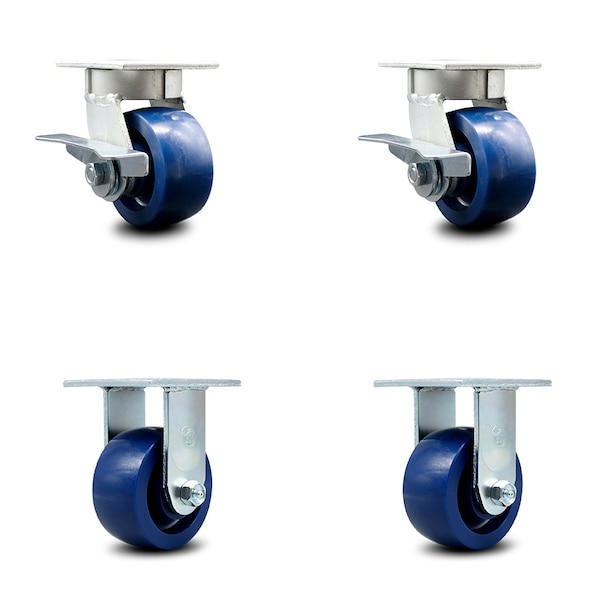 4 Inch Kingpinless Solid Poly Wheel Caster Brakes 2 Rigid, 2PK